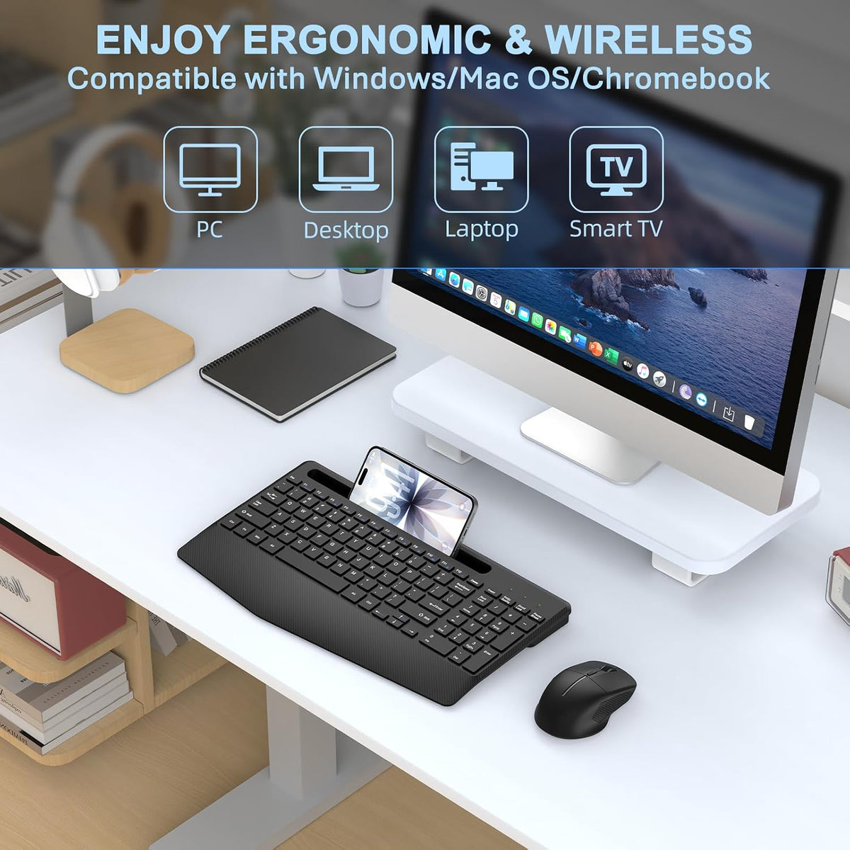Rechargeable Silent Wireless Keyboard and Mouse Combo, Ergonomic Wrist Rest & Phone Tablet Holder, USB-C Adapter Included, 2.4G Lag-Free Cordless Set for Windows Mac Laptop PC Home Office (Black)