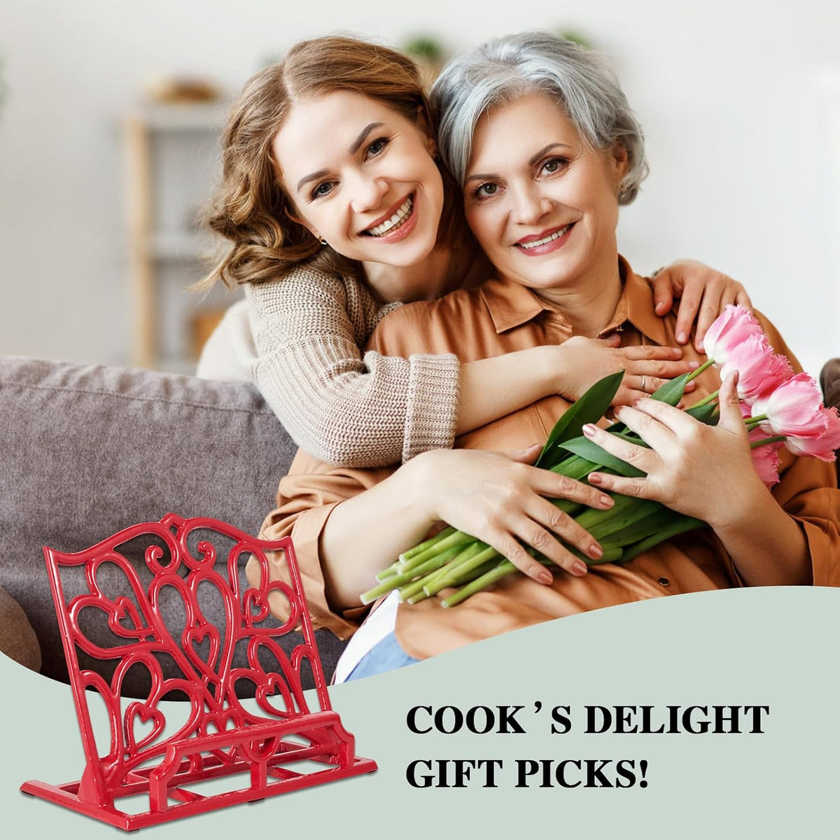 JOGREFUL Cast Iron Cookbook Stand, Kitchen Recipe Holder Love Heart Red
