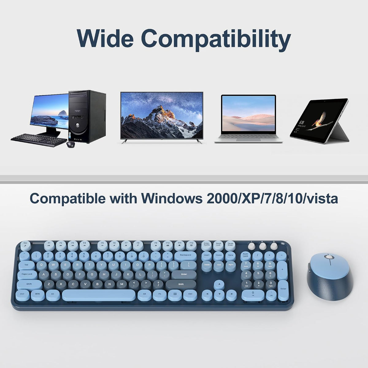 Wireless Keyboard and Mouse Set, Retro Typewriter Sea Blue