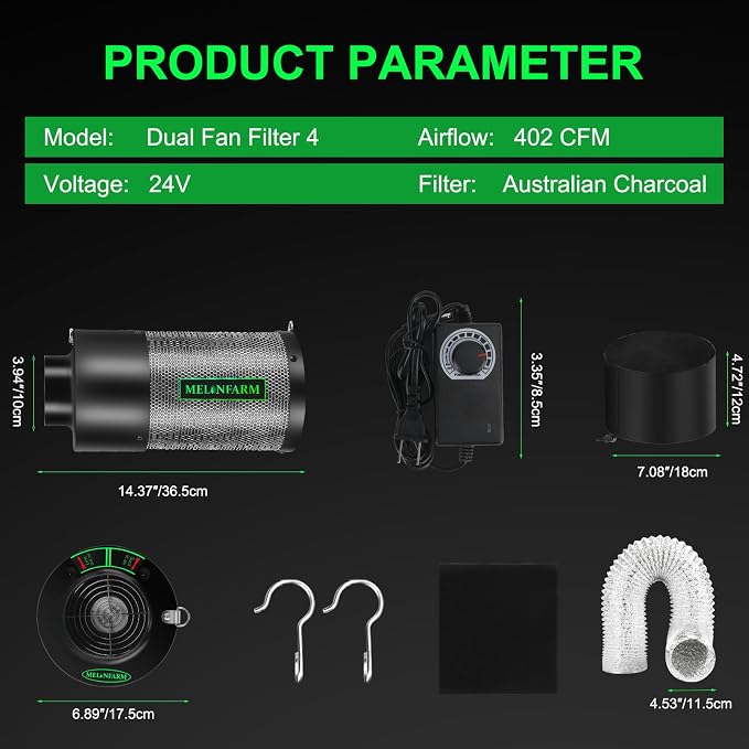 MELONFARM Dual-Fan Air Filter 4 Inch Dual-fan power boosts air circulation