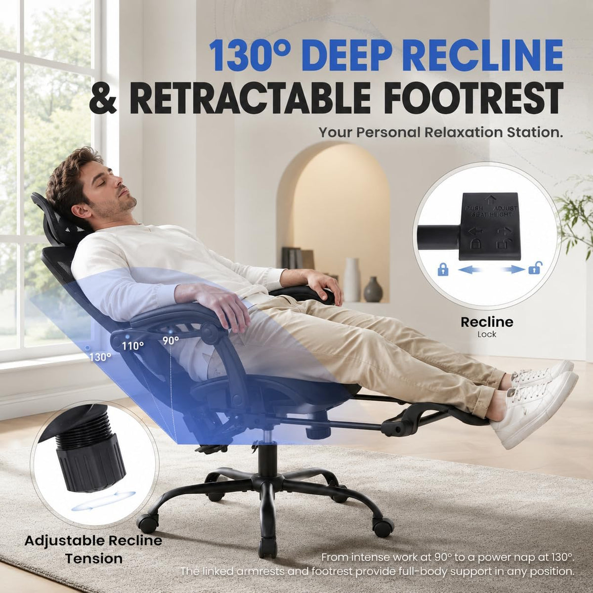 MALOL Ergonomic Mesh Office Chair with Footrest, High Back Desk Chair with 5-Level Adjustable Lumbar Support, 3D Headrest, 130° Reclining Backrest, Adaptive Armrests, Home Office Computer Chair, Black