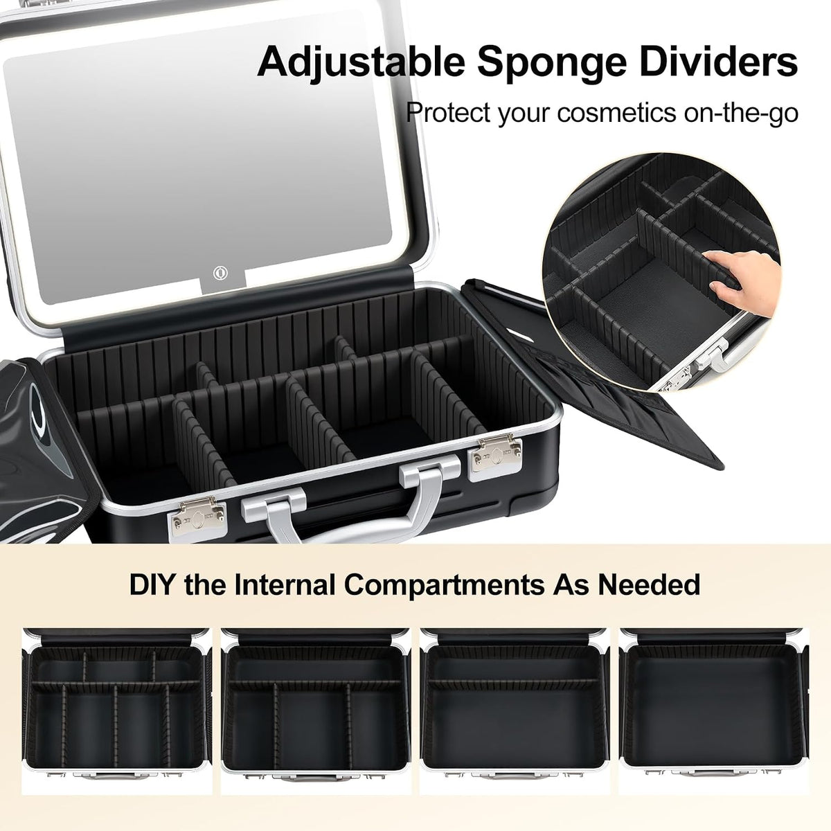 BEAUTY CASE Makeup Case with LED Mirror, 16 inch PC and Aluminum Shockproof Hard Shell Cosmetic Organizer Case, Portable Travel Vanity Box with Brush Board, Combination Lock, Black