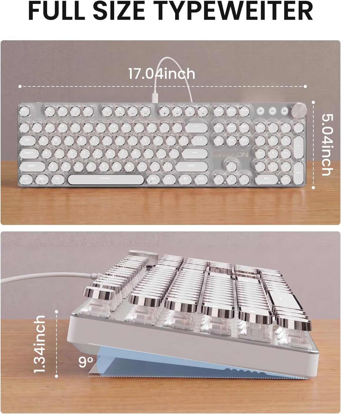 Wired Typewriter Mechanical Keyboard, Retro Punk Keyboard with Media Knob