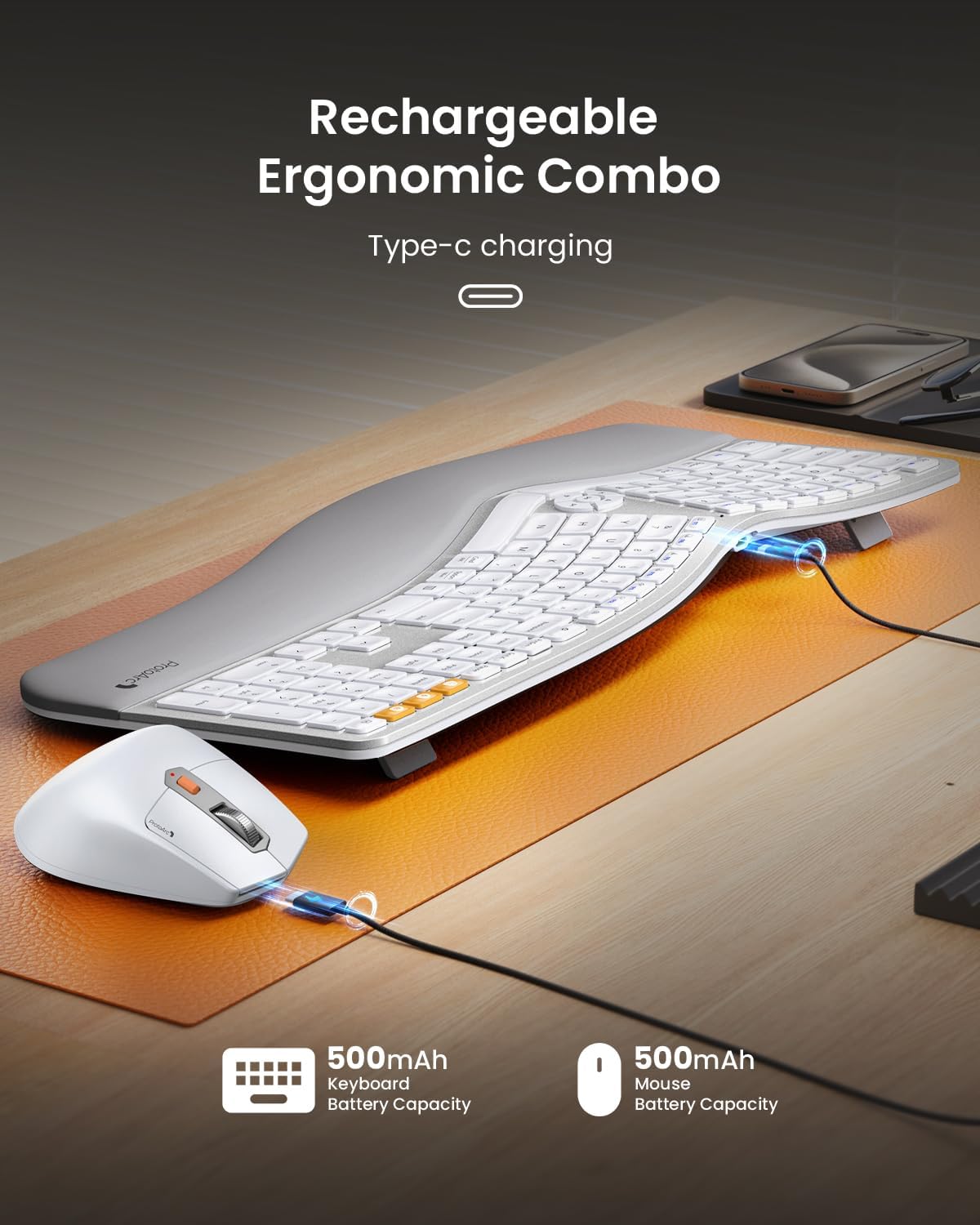 ProtoArc EKM01 Plus Wireless Ergonomic Keyboard Mouse Combo - White Silver
