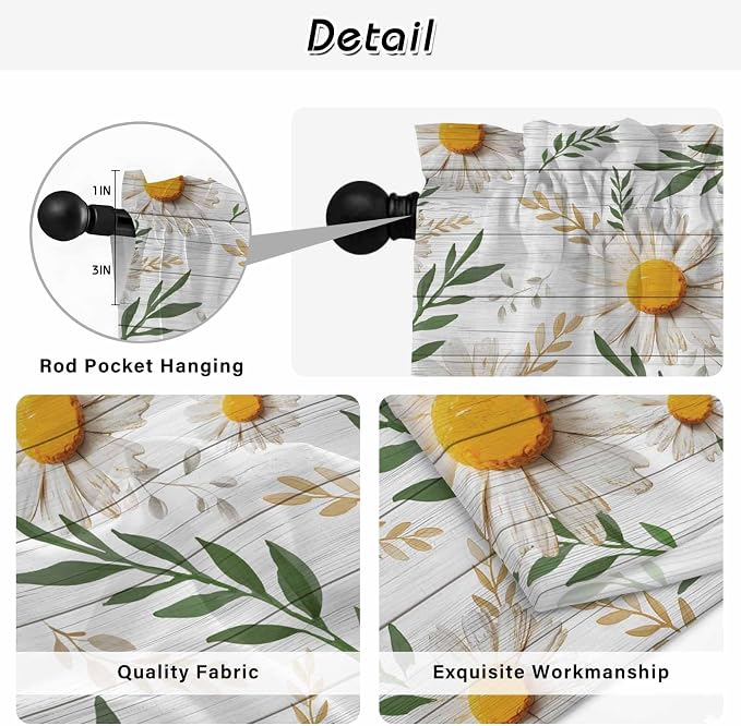 Spring Daisy Tier Curtains, Farmhouse Country Flower Leaf Plant Wood Grain