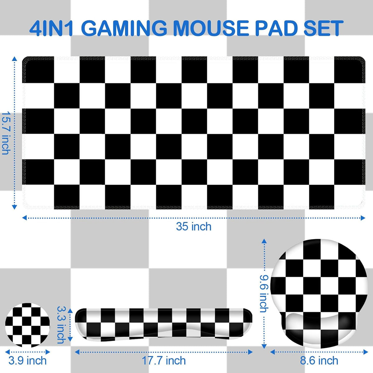 AIMSA Checkered Keyboard Mouse Pad Wrist Rest Set, Black XXL Large Mouse Pad for Desk Cover, Anti-Slip Big Ergonomic Mousepad Wrist Support for Keyboard and Mouse