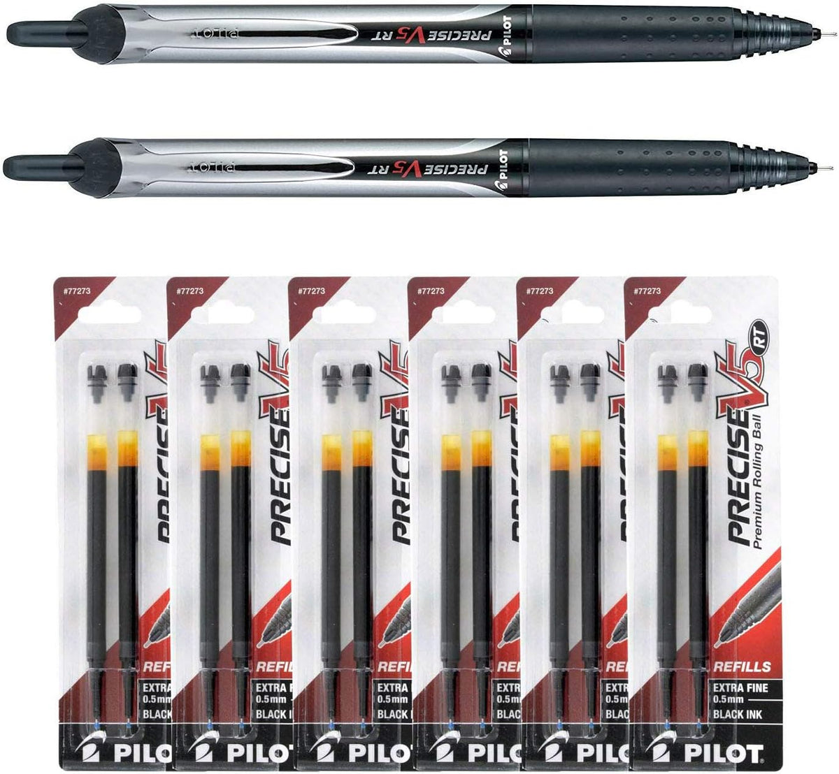 Pilot Precise V5 Rt, 2 Pens 26062 with 6 Packs of Refills, Black Ink, 0.5mm X-fine