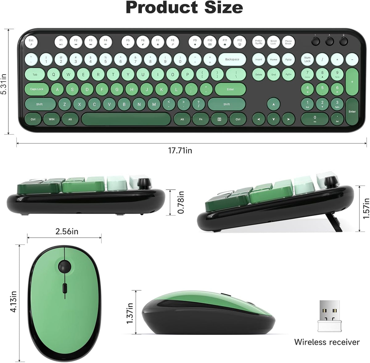 Wireless Keyboard and Mouse Combo, MOWUX Colorful Computer Full Size 2.4G Plug and Play Wireless Typewriter Keyboard and Mouse Set for Computer, Desktop, PC (Black Green Gradient)