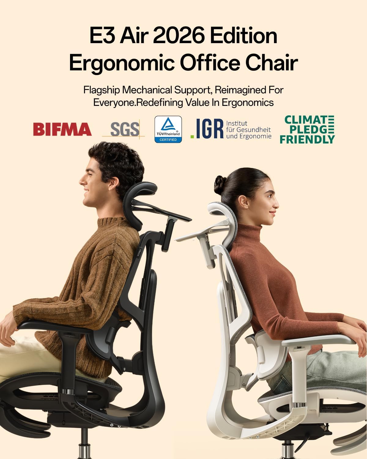Hbada E3 Air Ergonomic Office Chair, 3-Zone Lumbar Support, Comfy Home Office Chair with Auto Recline, 4D Headrest & Armrests, 140° Tilt for Work & Relax, Grey with Footrest