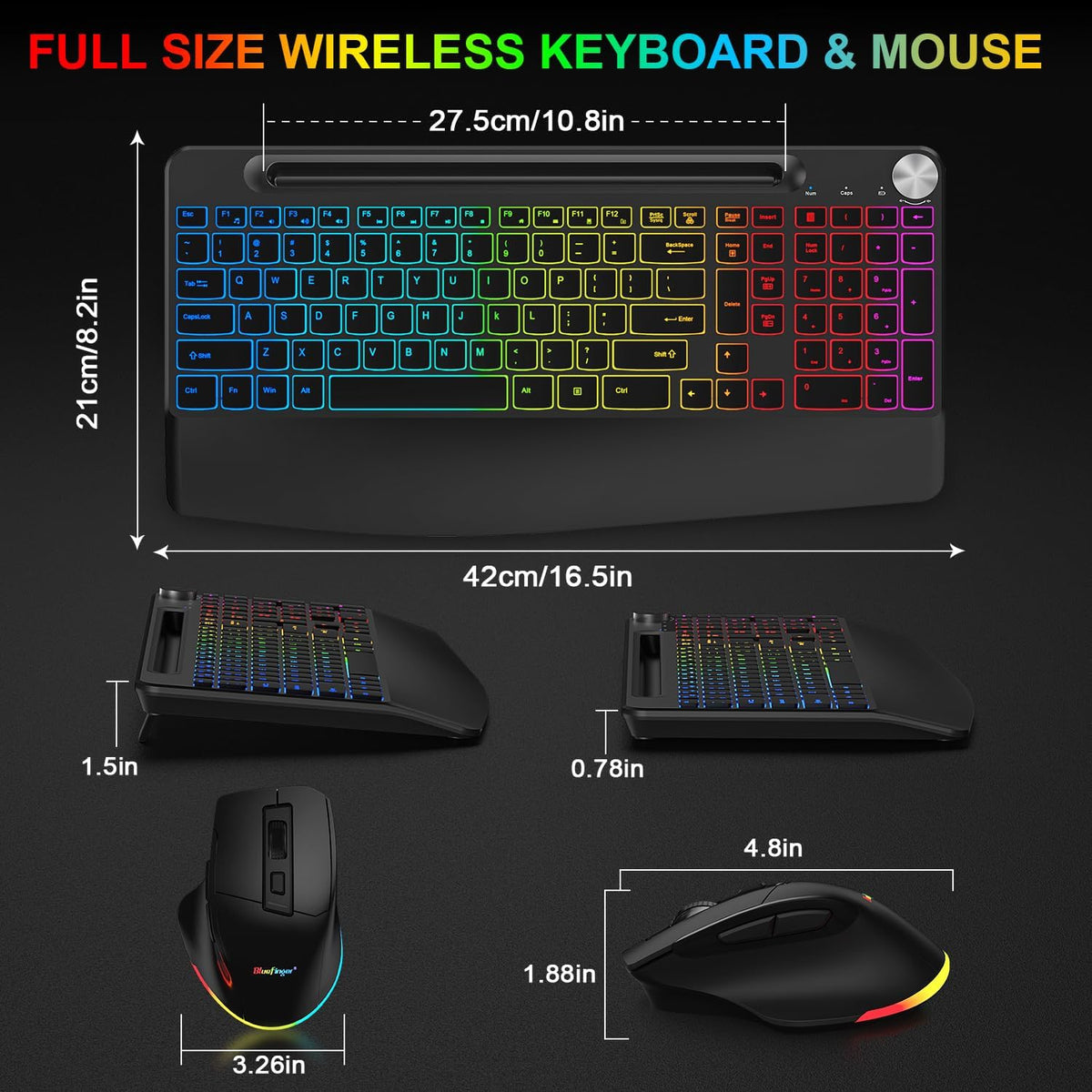 BlueFinger Wireless Keyboard and Mouse Combo Backlit, 2.4G Rechargeable Ergonomic Gaming Keyboard with Wrist Rest, Phone Holder, Volume Knob, Silent Light Up Keyboard with Mouse for Computer Laptop