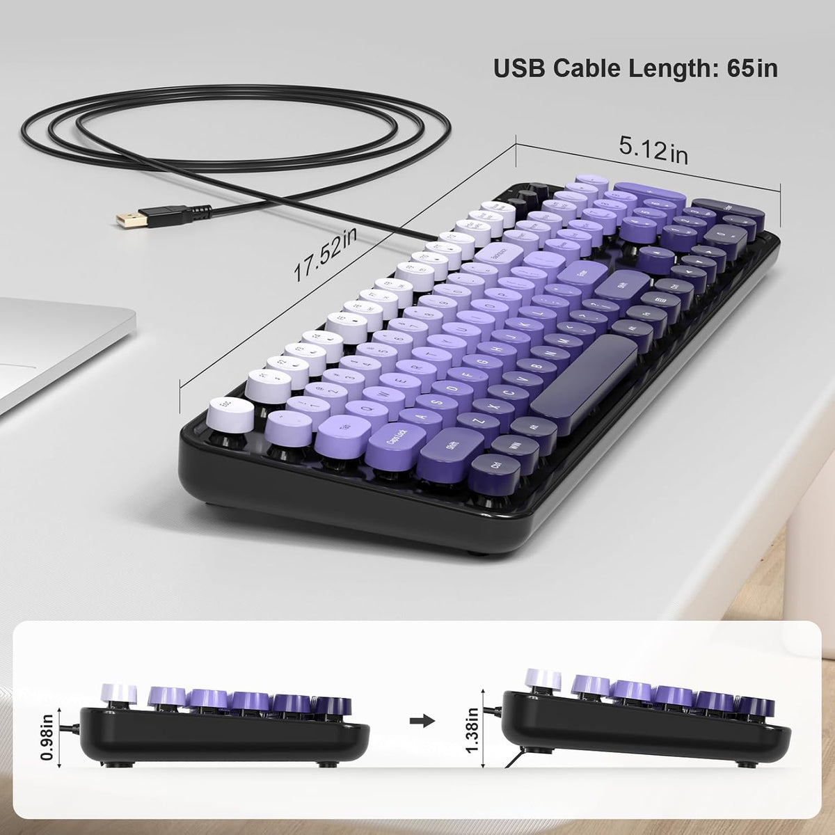 Atelus Computer Keyboard Wired, Retro USB Keyboard with Large Number Pad, Caps Indicators, Foldable Stands, Full Size Typewriter Keyboard for Windows PC Laptop (Black Purple)