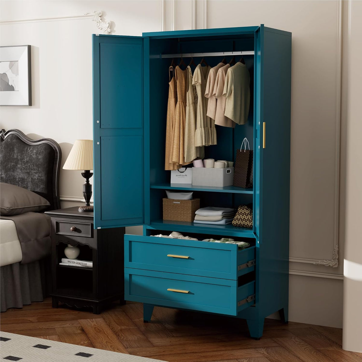 Metal Wardrobe Closet with Doors, 71" Tall Armoire Wardrobe with 2 Drawers and Hanging Rod, Farmhouse Steel Wardrobe Storage Cabinet for Bedroom, Laundry Room, Cloak Room -Blue
