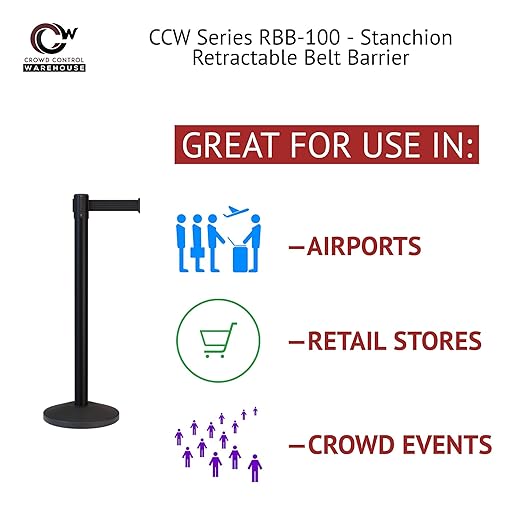 CCW Series RBB-100 - Set of 2 Stanchion Retractable Belt Barriers (7.5 Foot Belt, Yellow with"Out of Service" Black Letters Belt with Satin Stainless Steel Post)