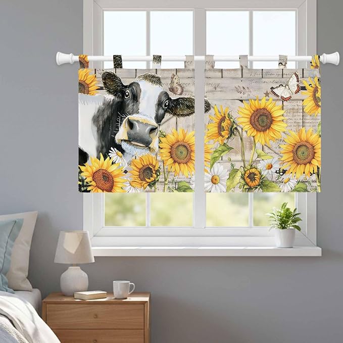 Yellow Sunflowers Kitchen Curtains 24 Inch Length, Small Window Curtains Tab Top
