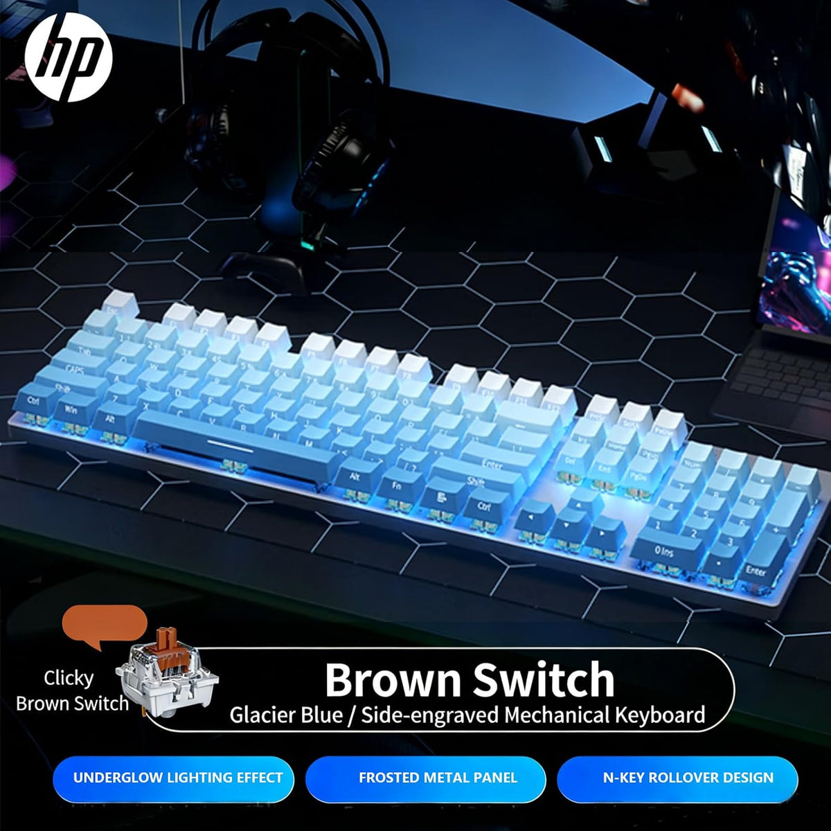 HP GK400F Mechanical Gaming Keyboard, 104 Keys Wired Keyboard with Brown Switches, Mixed Lighting, Double-Shot ABS Keycaps, for Desktop and Laptop (Glacier Blue)