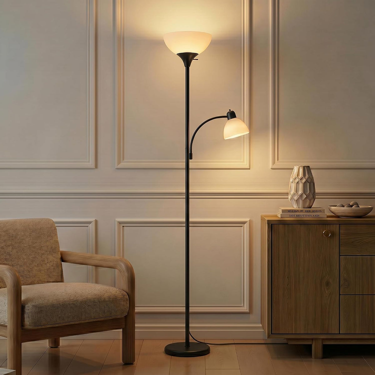 Brightech Sky Dome Plus LED Floor lamp, Torchiere Super Bright Floor Lamp with Reading Lamp for Living Rooms & Offices - Dimmable Tall Standing Lamp for Bedroom Reading - Black