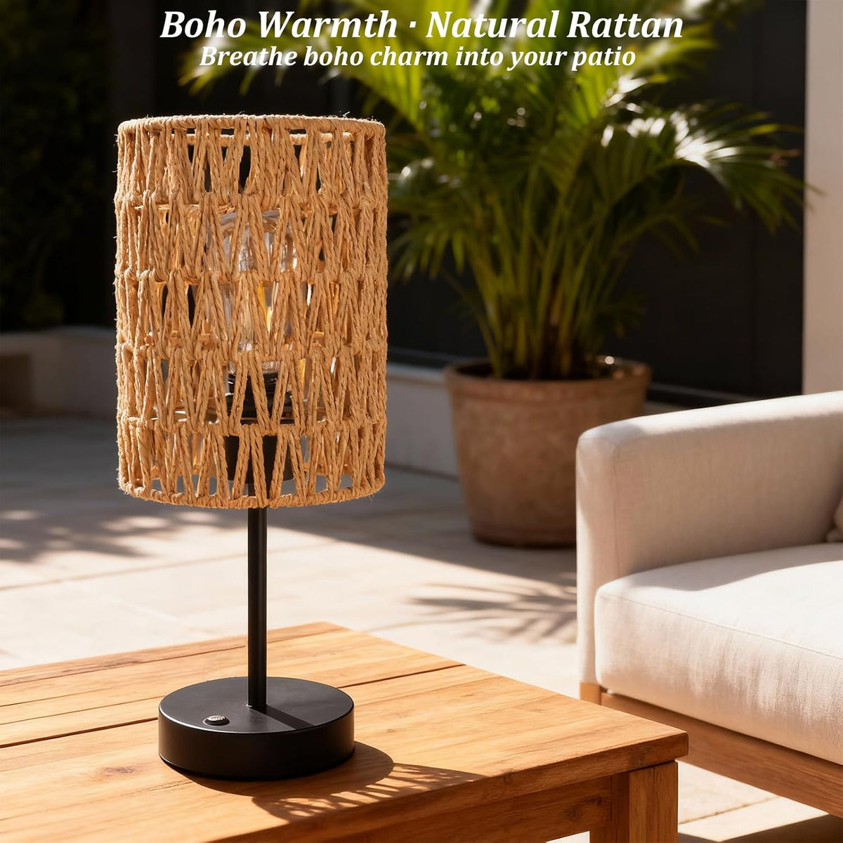 Rechargeable Outdoor Table Lamps, Rattan Boho Cordless Battery Operated Table Lamps, Patio Lamp for Living Room, Balcony, Bedside Decor- Set of 2 (Beige)