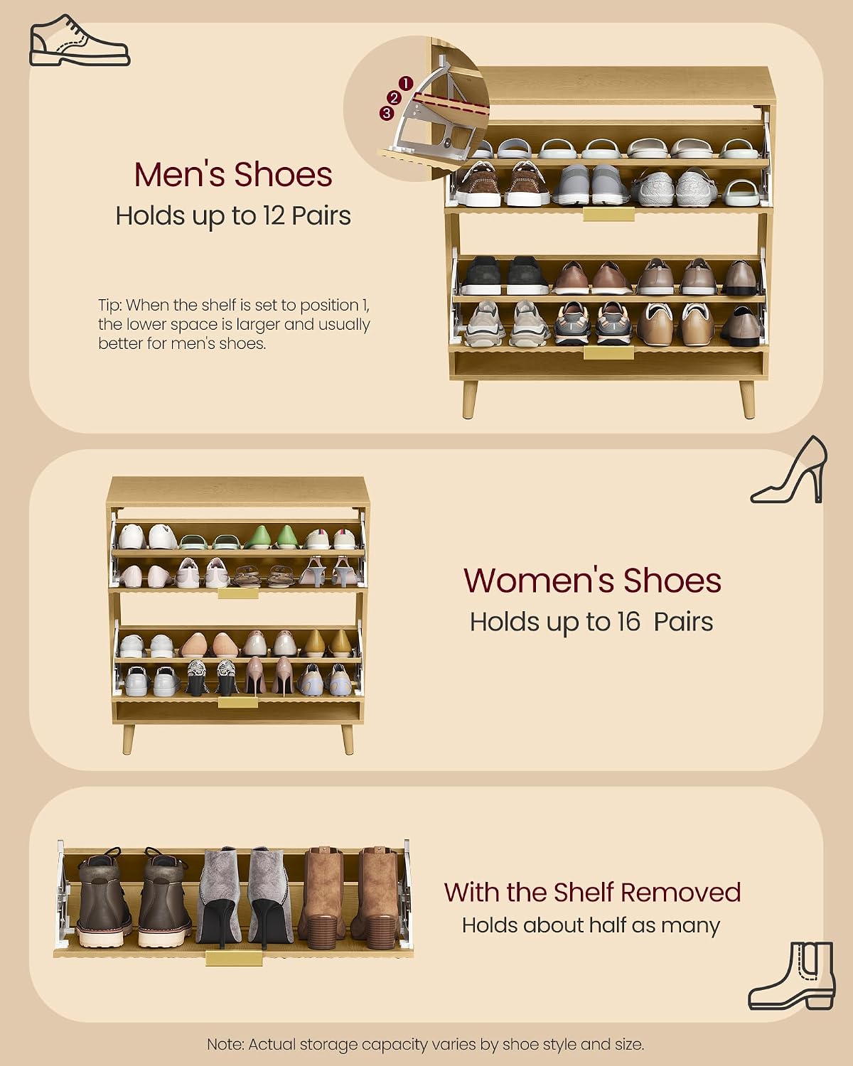 VASAGLE Shoe Storage Cabinet with 2 Flip Drawers, Narrow, Fits 12-16 Pairs