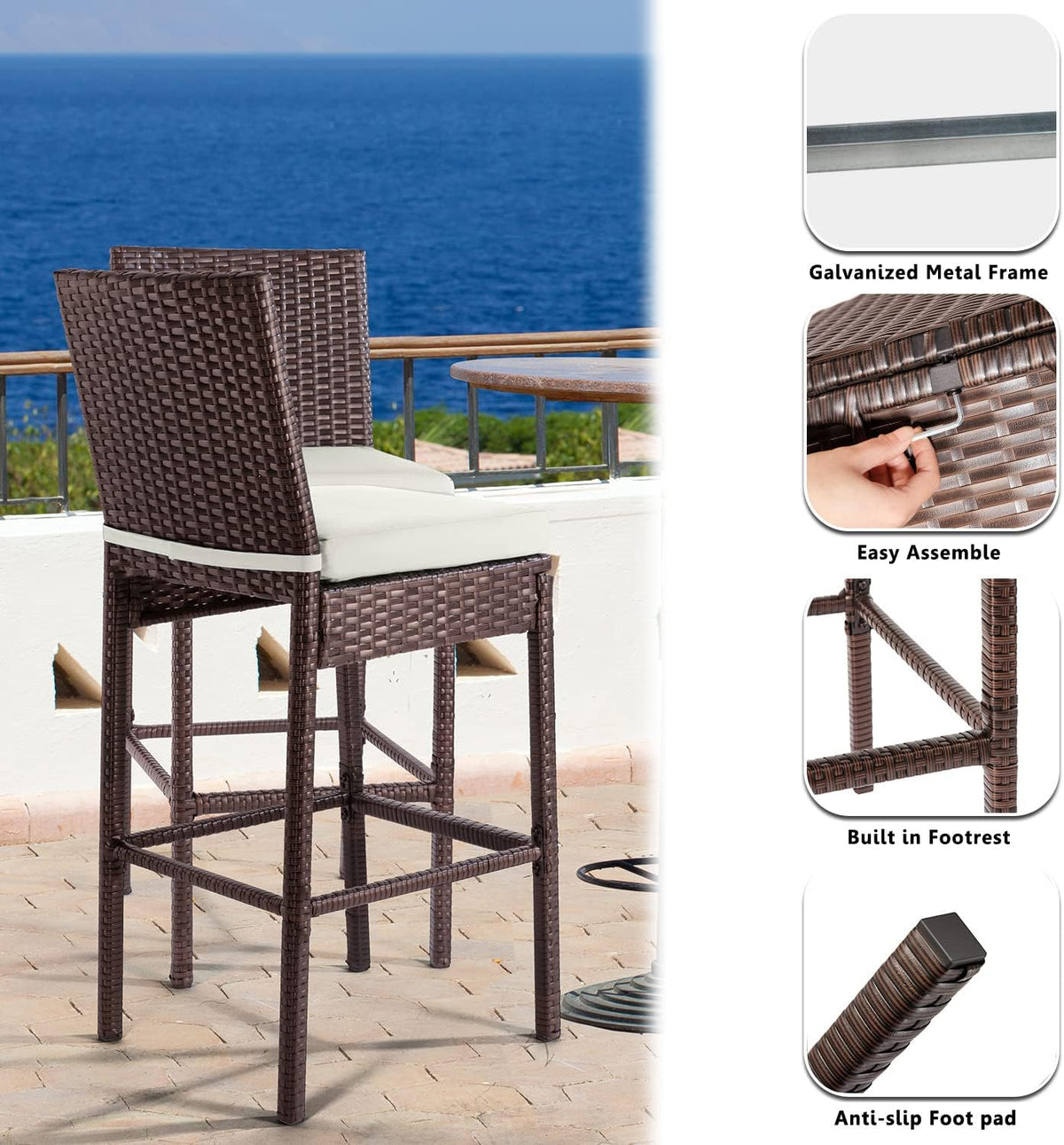 Outdoor Bar Stools Wicker Woven Patio Stools & Patio Bar Chairs Set of 4 Counter Bar Height Stools with Footrest Armless Cushion Beige All Weather Rattan Garden Stool for Pool Lawn Porch Backyard