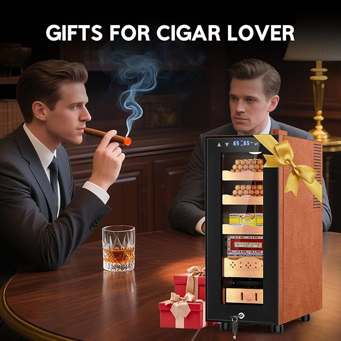Tylza Leather Trim Cigar Humidor, 35L Cigar Humidor Cabinet with Auto Humidity & Temp Control, 300 Counts, 3 LED Lights, Spanish Cedar Wood, Cigar Humidors with Safety Lock, Gifts for Men