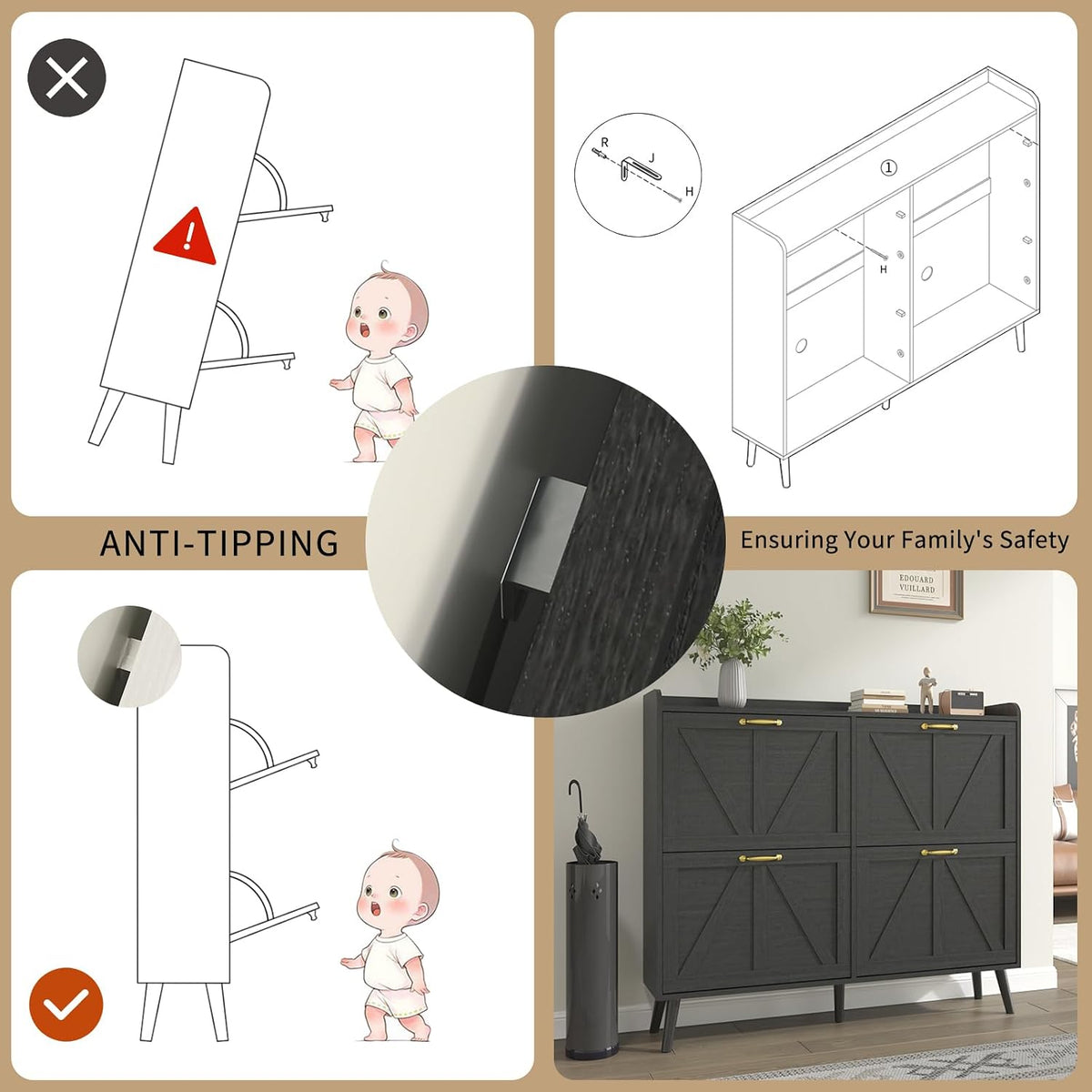 Farmhouse Shoe Cabinet Storage with 4 Flip Drawers, Black丨Shoe Cabinet for Entryway Slim, Freestanding Shoe Cabinet, Farmhouse Shoe Organizer Hidden Shoe Cabinets with Wooden Legs