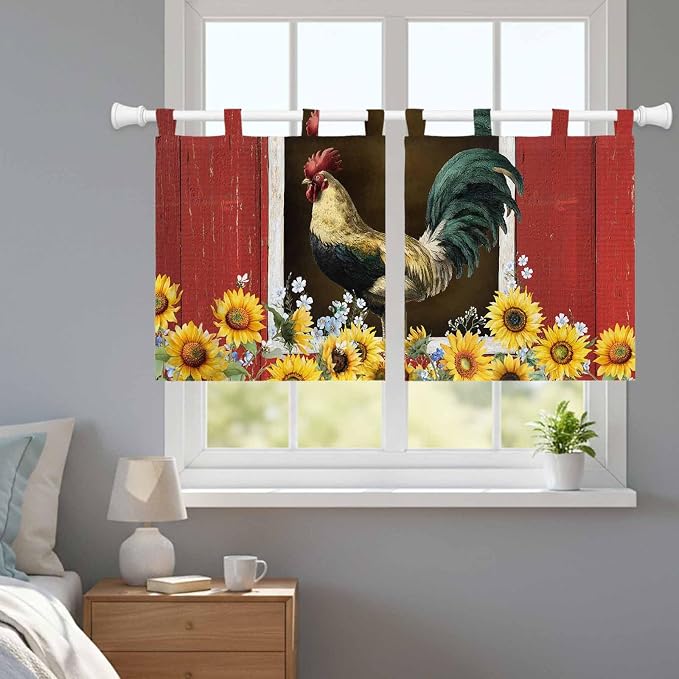 Chicken Sunflowers Kitchen Curtains 24 Inch Length, Small Window Curtains Tab