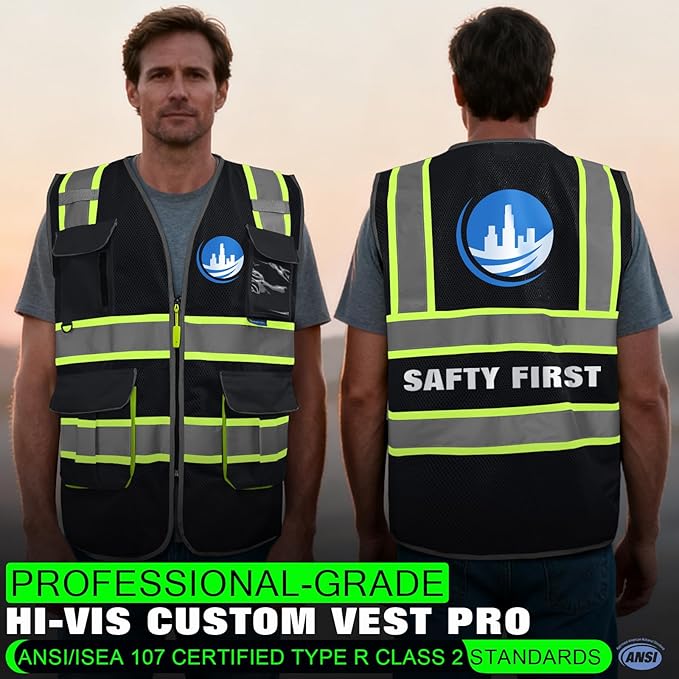 BeautyWill 5 Pack Safety Vest Class2 ANSI Certified Custom Logo High Visibility Reflective Vest for Men -10 Pockets Personalized Logo Heavy-Duty Work Vest(Mesh Black,XL)