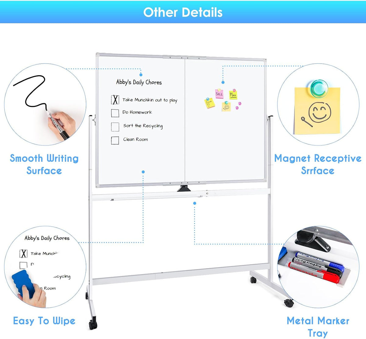 Maxtek Rolling Whiteboard 48 x 36 in Large Magnetic White Board on Wheels