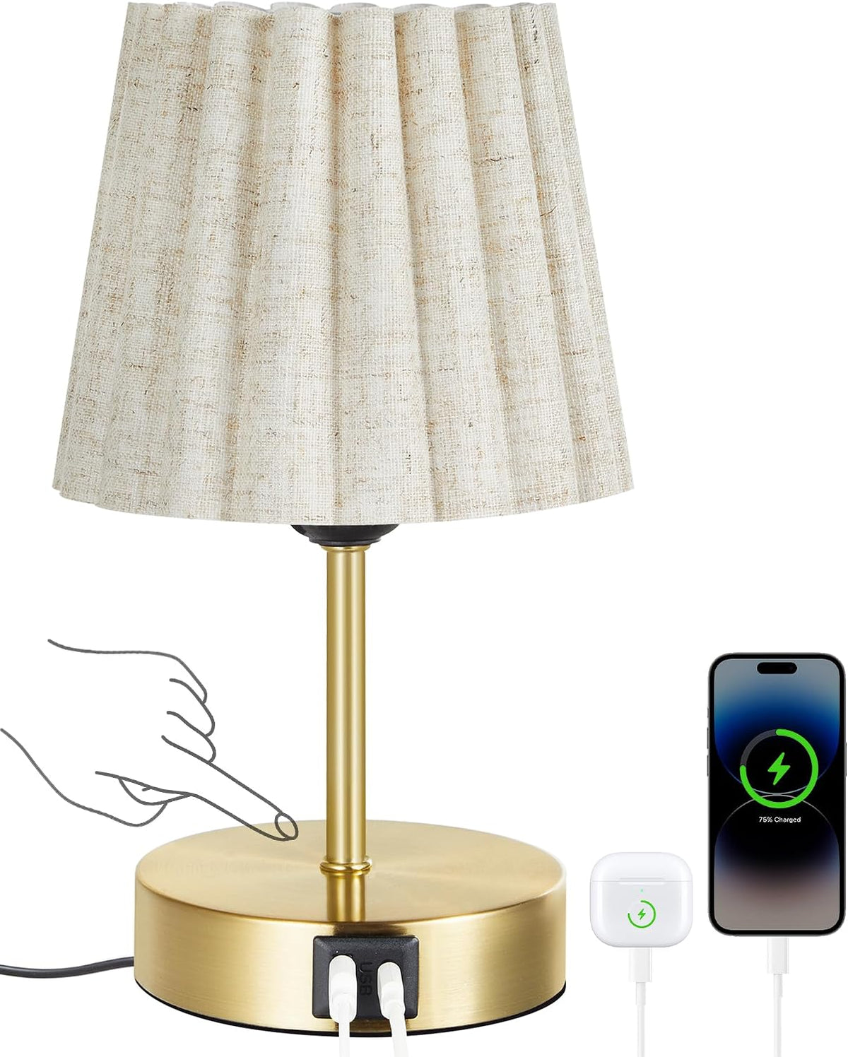 Small Bedside Table Lamp, Touch Dimmable Table Lamp with USB Ports, Nightstand Lamp with a Stepless Dimming LED Bulb, E26 Base, for Bedroom, Study, Desk, Gold and Beige DE16TL05