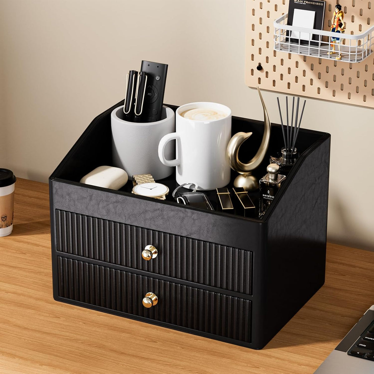 LADSTAG Office Supplies,Black Vegan Leather Office Organization with 2 Drawers & Tray,Glasses Holder with Gold-Tone Metal Accents Knob for End Tables,Bedside Table,Bedroom