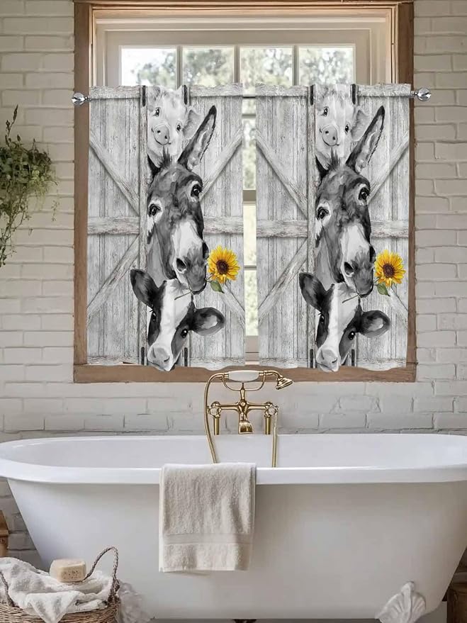 Grey Farmhouse Kitchen Curtains 54 Inches Length, Vintage Sunflowers Animals
