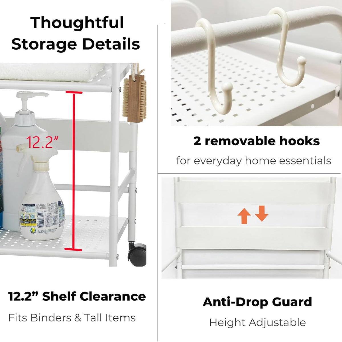2-Tier Metal Rolling Cart, Compact Under Desk Storage Organizer