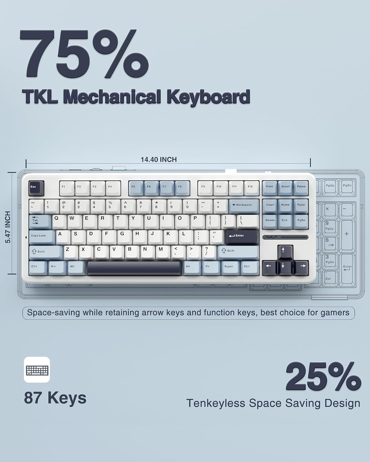 AULA F87 Wireless Mechanical Keyboard, TKL Gaming Keyboard 75%, 87 Keys
