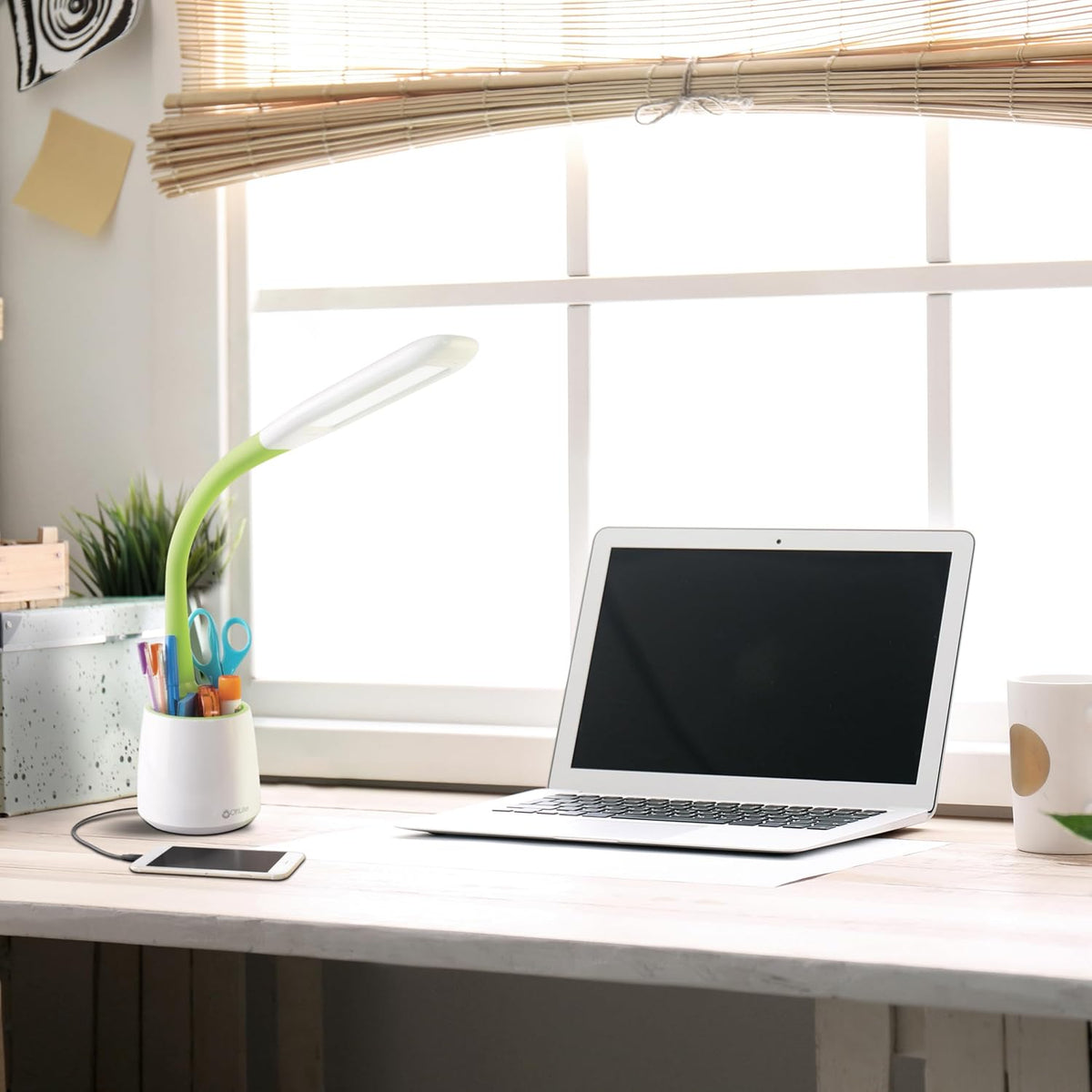 OttLite Organize LED Desk Lamp with USB Port, White and Green
