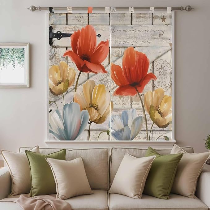 Retro Floral Living Room Curtains 84 Inch Length, Window Curtains Tab Top