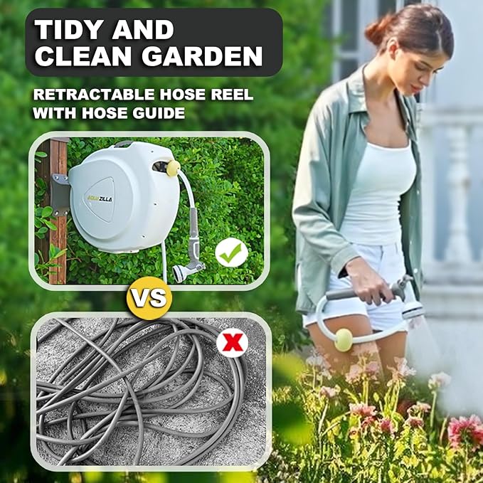 Retractable Garden Hose Reel, 5/8 in 65+6 ft, Heavy Duty Wall Mounted Water Hose Reel, Spring Power Automatic Rewind, Any Length Lock, 180° Swivel Bracket, 10 Pattern Spray Nozzle