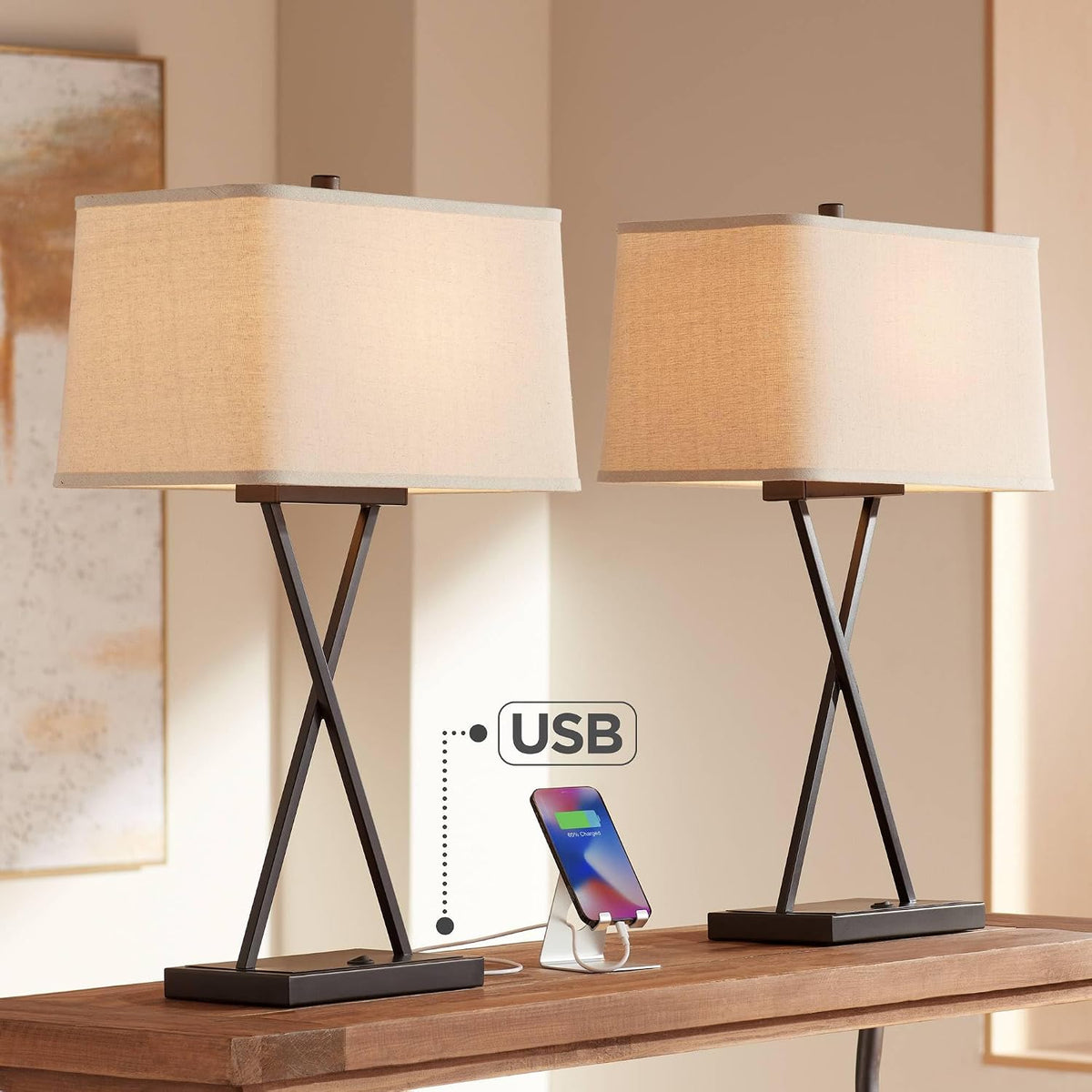 Megan 26.5" Tall Table Lamps Set of 2 LED Bulbs USB Ports A+C Charging
