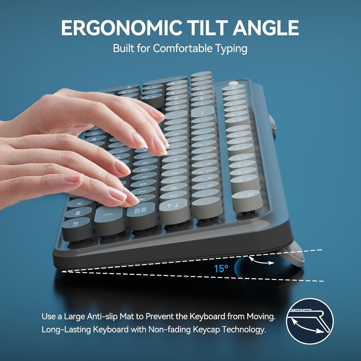 Wireless Keyboard and Mouse Combo,Retro Typewriter Bubble Keys,Black Grey