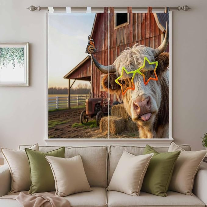 Farm Yaks Bedroom Curtains 72 Inch Length, Window Curtains Tab Top, Farmhouse