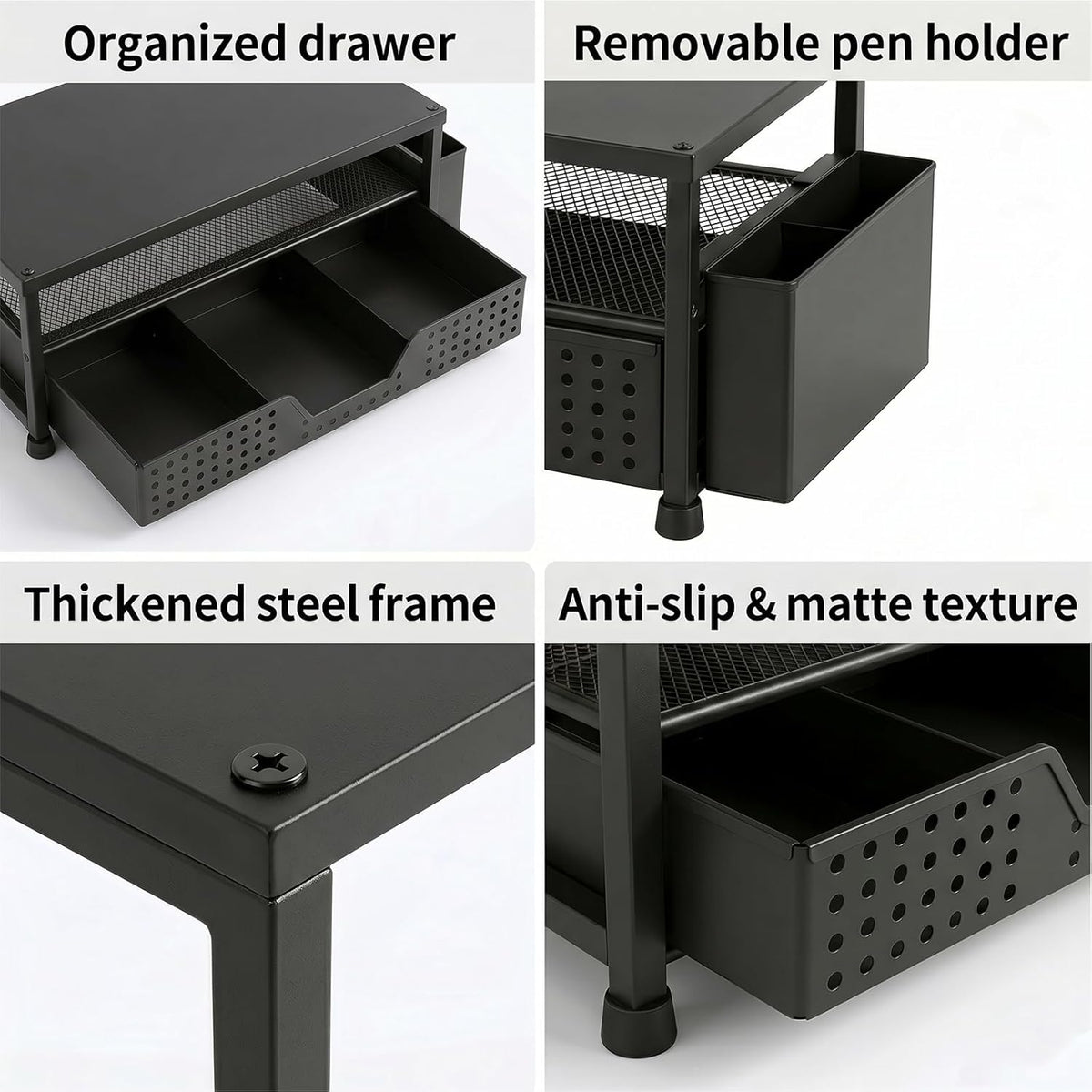ECOLOVI Desk Organizer and Accessories, 2-Tier Computer Monitor Stand Rise with Storage Drawer & 2 Pen Holders, Laptop & Printer Stand for Desktop, Workspace Organizers for Office Supplies (Black Wood)