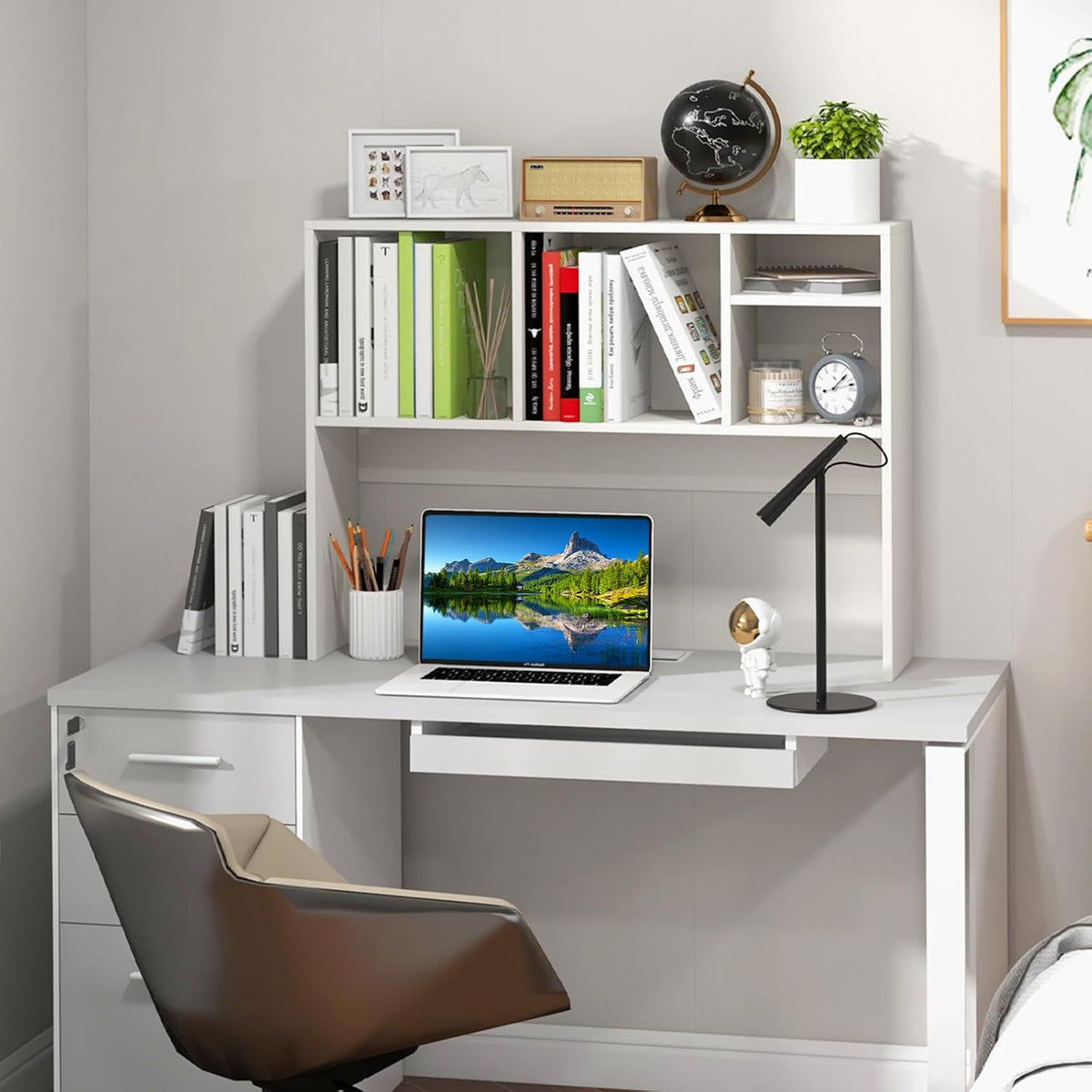 GOFLAME Desk Hutch Dorm White, 4 Cubes Desktop Bookshelf, 37” Wood Tabletop Storage Organizer Shelf for Computer Monitor, Modern Countertop Display Hutch, Home Office, Study