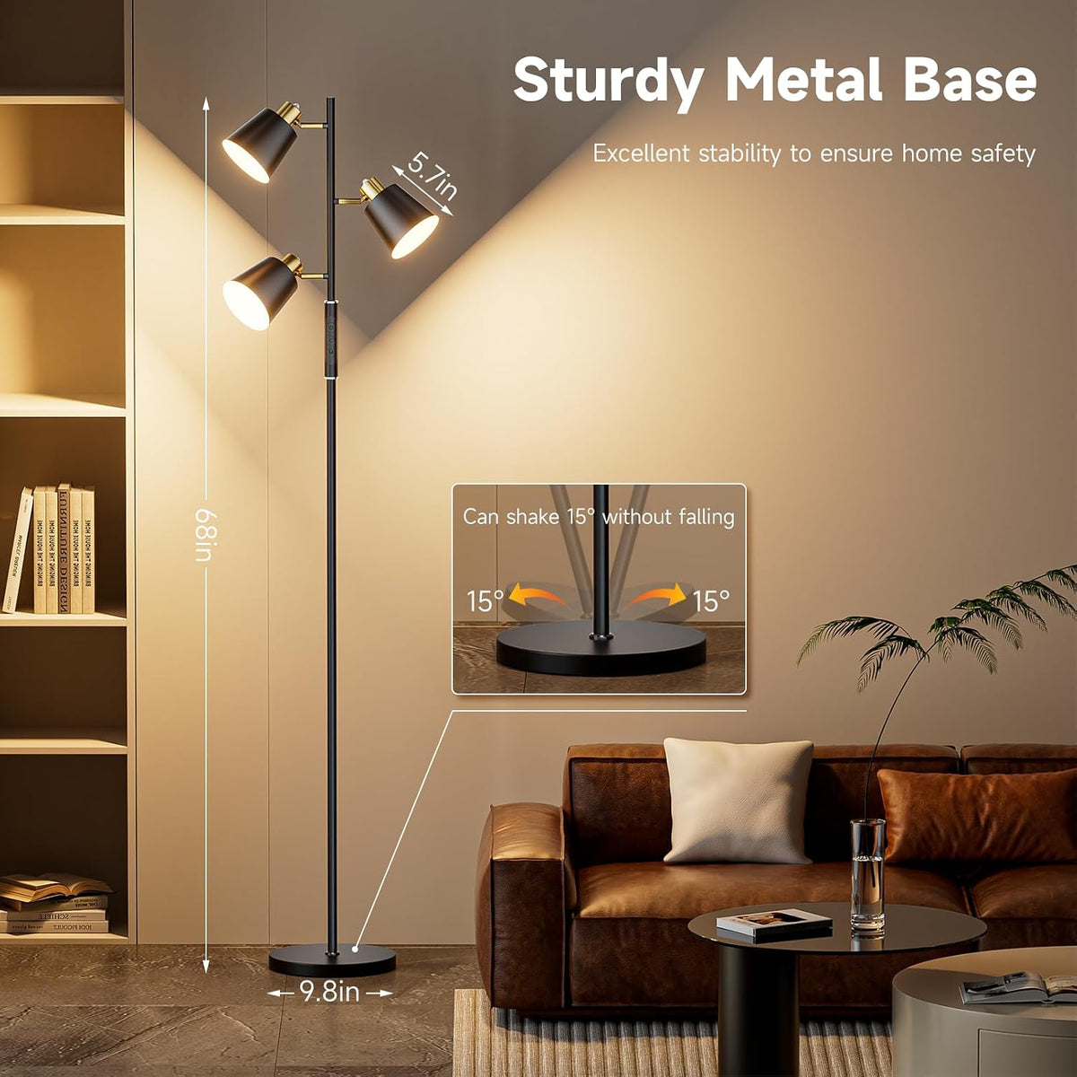 36W LED Tree Floor Lamp, 3 Rotatable Lights Standing Lamps for Living Room