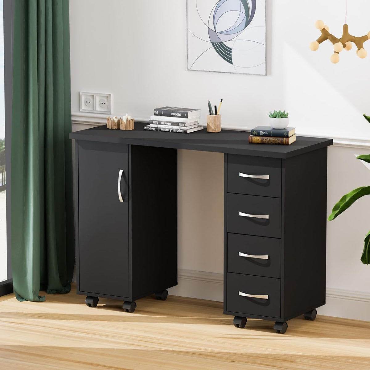 LEADZM Manicure Table Nail Desk w/Cabinet, Drawers, Wheels & Arm Rest, Spa Salon Beauty Home Wooden Technician Workstation Nail Art Equipment for Nail Tech, 43.3" L x 31.5" H x 17.7" W (Black)