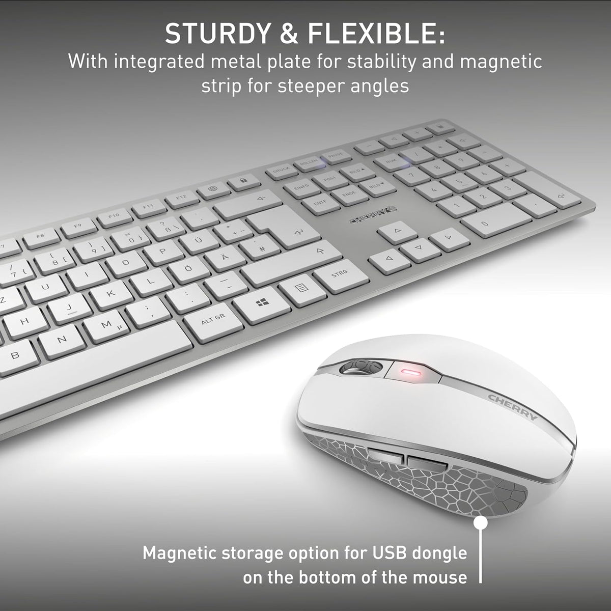 CHERRY DW 9100 Slim, Wireless Keyboard and Mouse Set, Bluetooth & 2.4 GHz RF Connection, Quiet Keys, Comfortable Writing, Rechargeable, QWERTY, Silver/White