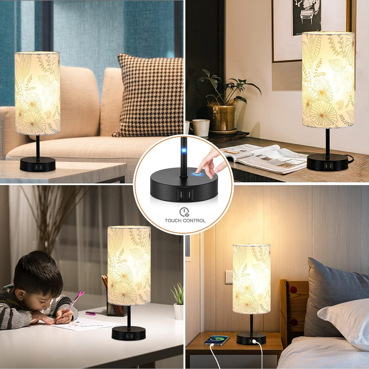 CINSARY Touch Control Bedside Lamp with 2 USB Ports, 3-Way Dimmable Table lamp for Bedroom, Nightstand Lamp with Round Flower Fabric Shade for Living Room Home Office (E26 LED Bulb Included)