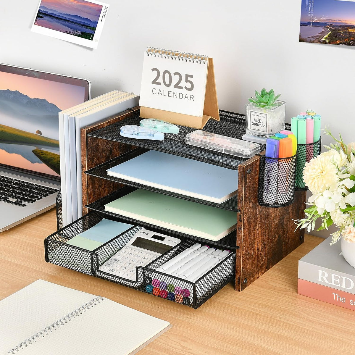 OPNICE Desk Organizer, 4-Tier Desktop File Organizer with Drawer and Pen Holders, Office Desk Accessories, File Sorters, Workspace Organizers for Office Supplies(Brown Wood)