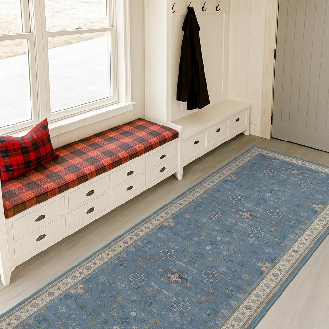 Boho 2'6"x10' Wide Runner Rugs for Hallway Non Skid- 10ft Light Blue Washable