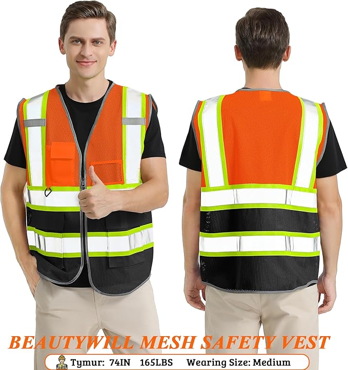 Custom Safety Vest Customized Logo Mesh Vest Class 2 High Visibility Reflective Vest with Pockets Orange Workwear(Orange Black,XL )