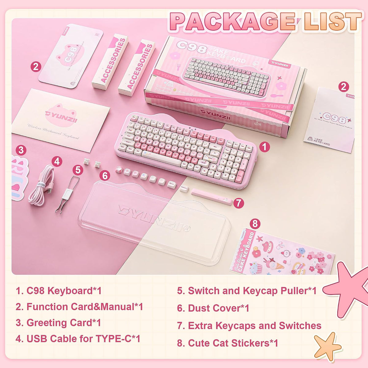 YUNZII C98 Cute Cake Wireless Mechanical Keyboard (Pink, Milk Switch)