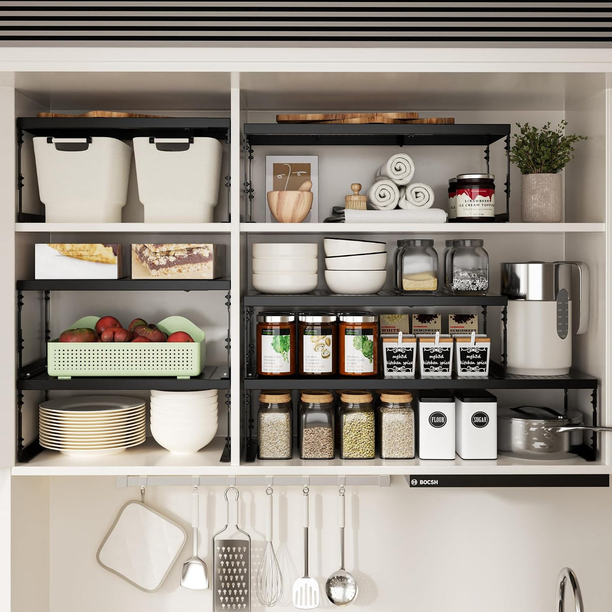 Jojocross Adjustable Stackable Metal Storage Shelf Organizer - Expandable Wire Rack with Perforations for Kitchen, Pantry, Bathroom, Cabinet & Office-Compact, Durable & Sturdy (1PACK/Medium/Black)